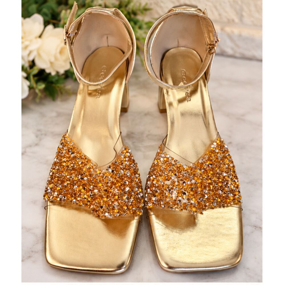 Geeyea Women's Gold Rhinestone Block Heel Sandals Size 39 New